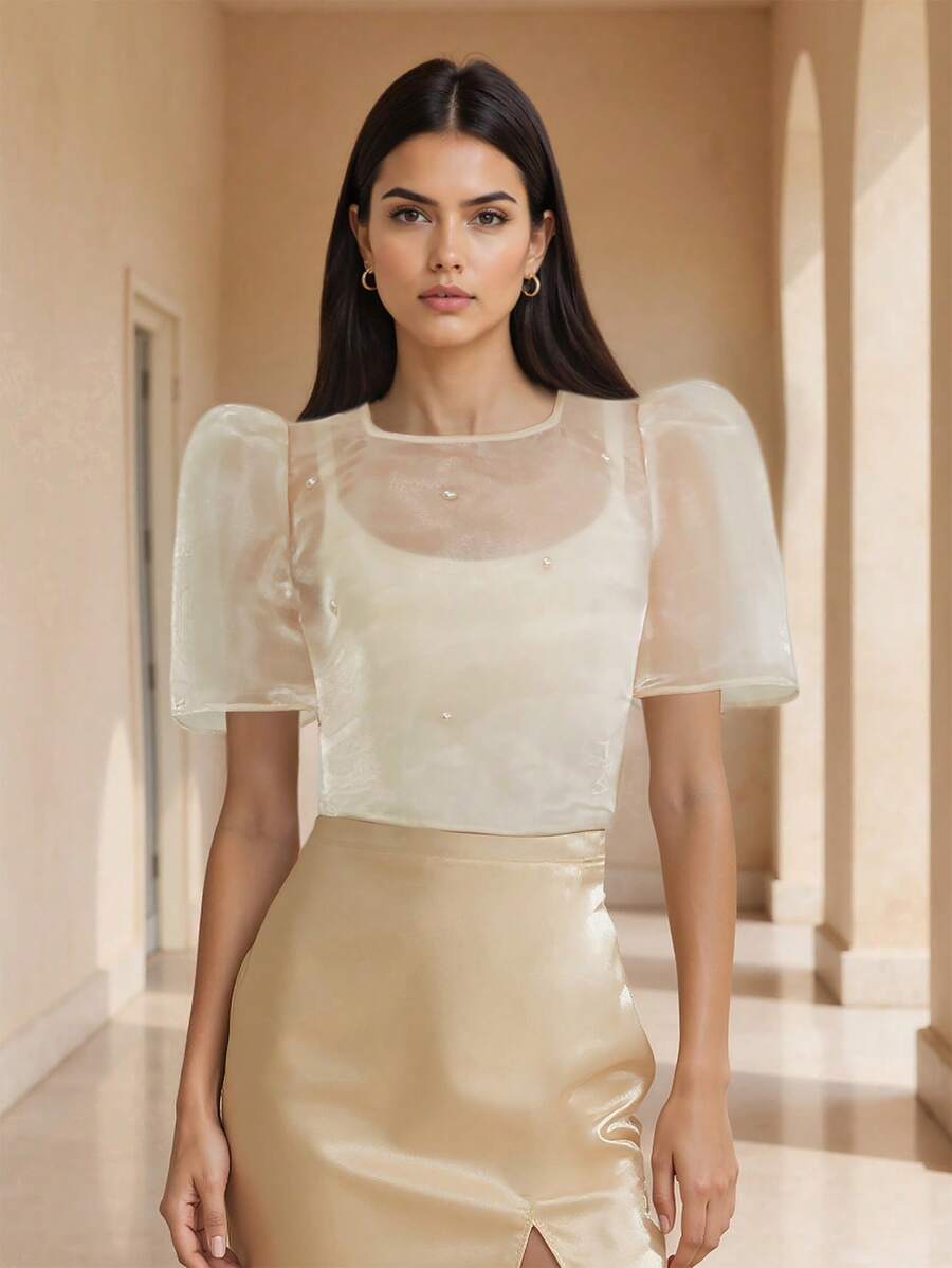 Áo cánh Philippines hiện đại của Amyenjoylife, Áo tay ngắn đính hạt cườm thời trang xuân hè cho nữ, Áo Bolero Philippines dành cho nữ, Áo màu mơ - Màu be - Xem 1