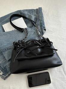 蝴蝶结装饰 1 件黑色抽绳褶蝴蝶结装饰 Pu Mate Rial 翻盖拉链单肩包，配有可调节肩带，适合日常通勤装使用，时尚蝴蝶结钱包，适合女士