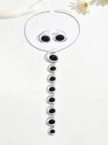 2 件时尚金属几何不对称螺旋形光滑黑色椭圆形亚克力夸张超长吊坠项链和耳环套装，独特的珠宝套装，蛇骨链 Y 型项链，派对珠宝套装，礼服配饰 - 銀色+黑色 - 查看 4