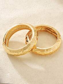 1 Pair Smooth & Snake Print Overlapping Visual Bracelet Set, Gold Tone Fashionable Metal Bangle For Couples, Friends Gathering, Commute, Daily Wear - Gold Two Piece Set - View 4