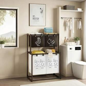 1 pièce Panier à linge multi-fonctionnel 2 étages avec 4 sacs amovibles - Panier à linge pliable en acier inoxydable