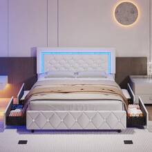 Twin/ Full/ Queen Bed Frame With Drawers, Upholstered Bed Frame With LED Lights, Modern Platform Bed Frame With Headboard And Footboard, Diamond Tufted Design, No Box Spring Needed, White/ Pink/ Black/ Purple/ Yellow (Twin Size 2 Drawers/ Other Size 4 Drawers) * Bed Frame Queen Bed Frame Bed Queen Bed Frame King Bed Frame Bedroom Furniture Bed Frame Full Full Size Bed Frame Twin Bed Frame Beds Cozy Bedroom Home Bedroom Refresh Room Decor Home Decor Christmas Decor Bedroom Decor Valentine Day Decor Storage Living Room Decor Furniture House Decor Halloween Decorations  ( USB LED Strip) - White - View 12