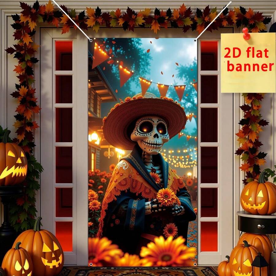 1 pieza 35.4"X70.8" Bandera decorativa de poliéster con tema del Día de los Muertos mexicano, material duradero, adecuado para decoración de Halloween/Día de los Muertos, fácil de colgar, versátil para decoración de entrada interior/exterior