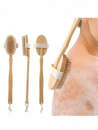 High Quality Long Handle Wooden Shower Brush, Bath Brush, Natural Bristles, Removable For Back Massage And Exfoliation, Great For Dry Skin Exfoliation And Body Massage, Removable Design, Ergonomic Design, Smooth And Vibrant Skin, No Fragrance, No Battery Required