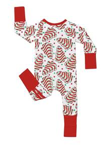 Baby Bamboo Fiber Zip-Up, Christmas Tree Cake Print Romper, All-Season Knit Fabric Skinny Fit With Zipper Detail, Boy Baby Girl Clothes, Perfect For Outdoor