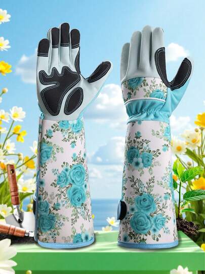 Unisex Long Gardening Gloves - Suitable For Handling Roses And Cacti, Ambidextrous Design, Breathable Polyester With Leather Accents, Blue Floral Pattern, Ideal For Yard And Garden Tasks, Machine Washable - One Pair