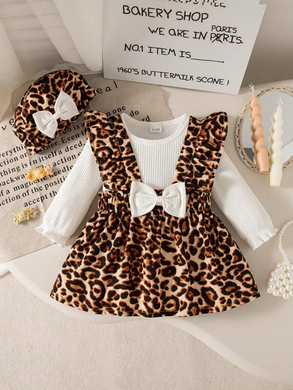 Babymeisjes herfst/wintermode schattige effen top met lange mouwen en luipaardprint met strikbandjes en baret