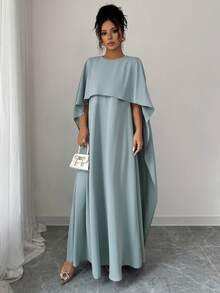 女士优雅纯色长袍连衣裙，适合夏季和秋季穿着 - 淺藍色 - 查看 5