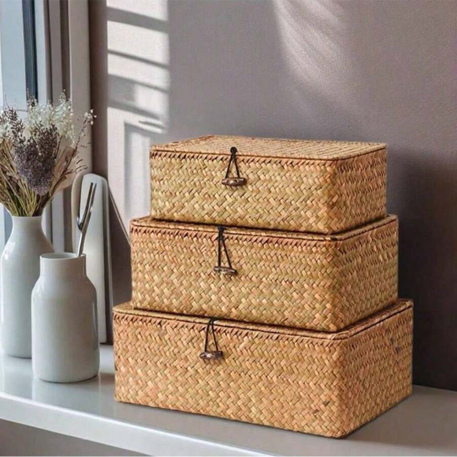 1 件手工编织海草储物篮（带盖），方形手工编织海草收纳盒，家居装饰，家用实用储物容器，适用于办公用品 - 天然海草材质，独特的礼物之选