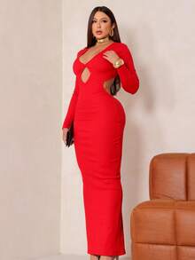 Long Sleeve Dress With Neckline And Slit At The Back For Women - Rojo - Ver 4