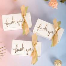 10 pièces Boîte de faveur de mariage imprimée "Thank You" avec nœud en ruban de satin coloré. Boîte cadeau en papier élégante avec estampage blanc et or pour douche de mariée, réception de mariage, fête d'anniversaire, cadeaux pour les invités et décorations de table - Boîte rectangulaire - Voir 4
