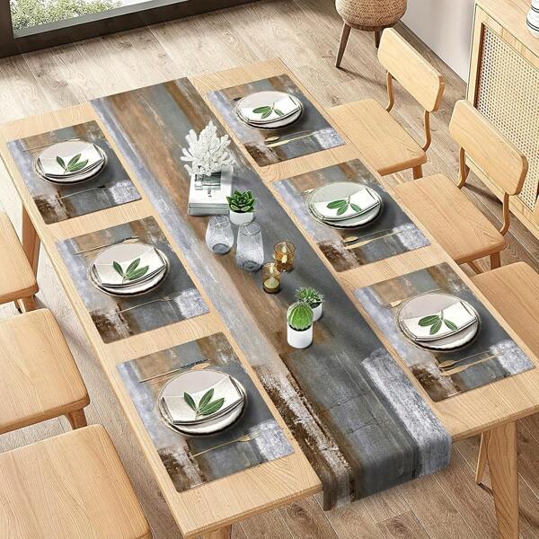 5/7 Pcs Set Abstract Brown-Gray Painting Art Farmhouse Table Runners And Placemats, Suitable For Home Kitchen Dining Table Daily Use
