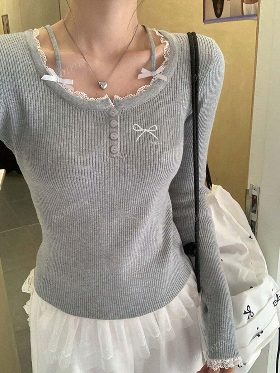 Women's Semi-Open Collar Bow Lace Splicing Knit Sweater, Slim Fit Long Sleeve T-Shirt Top