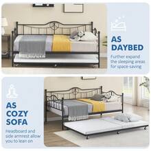 Metal Daybed With Trundle Bed, Twin Size Day Bed With Headboard And Heavy Duty Steel Slats Support, Mattress Foundation Platform Sofa Bed, For Living Room, Bedroom, Easy Assembly