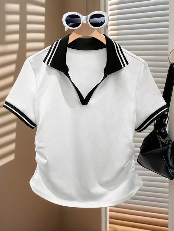 Casual Pleated Contrast Striped V-Neck Short Sleeve T-Shirt, Summer