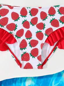 Strawberry Sweetheart One Shoulder Ruffle Young Girl Beach Swimsuit - Multicolor - View 4