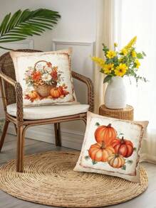 4pcs/1pc Autumn Thanksgiving Themed Pillow Set - Pumpkin And Flower Basket Pattern | 18x18 Inches | Zipper Closure | Soft And Comfortable Fabric - Durable, Fade Resistant, Machine Washable, Suitable For Thanksgiving Outdoor Decoration, Home Decoration, Terrace Decoration, Bedroom Decoration. Excluding Core Pillow Case Pillow Cases Cushion Cover Cushion Covers