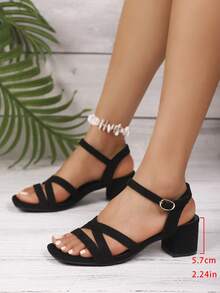 1 双时尚粗跟女式凉鞋，带露跟带，纯色露趾，简约时尚，绒面革包跟，欧美设计 - 交叉黑 - 查看 5