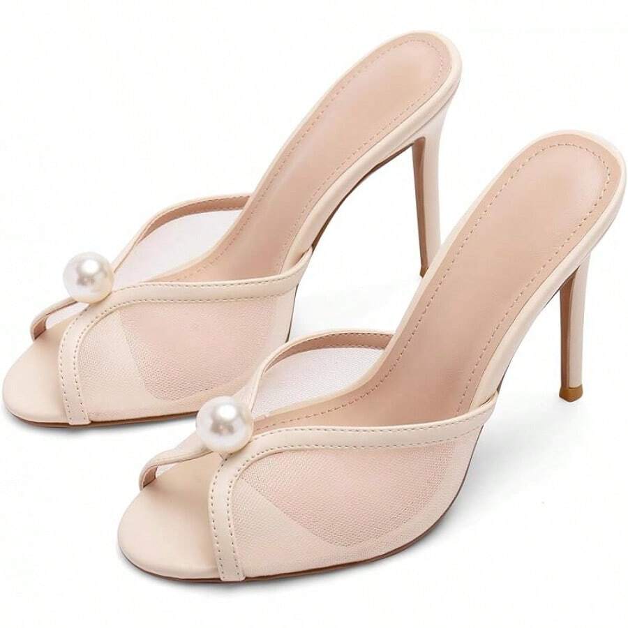 Mesh Mule Heels With 4 Inch Stiletto Heel - 米色 - 查看 1