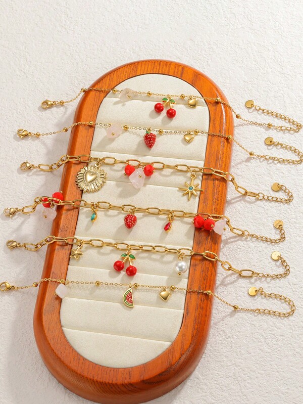 قلادة سوار معدن لا يصدأ على شكل فاكهة الكرز والفراولة برؤوس كيوت صيفية لللنساء والفتيات، مقاومة للماء، هدية حلوة ورومانسية بلون ذهبي للاستخدام اليومي في الشاطئ كهدية عيد ميلاد أو ذكرى