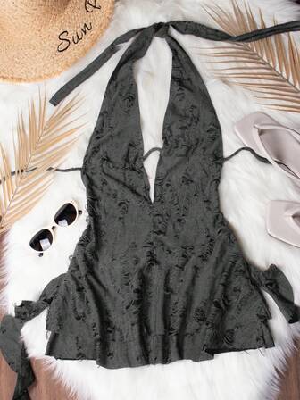 Vestido mini sexy con cuello en V profundo, espalda descubierta, asimétrico y desgastado, inspirado en el apocalipsis