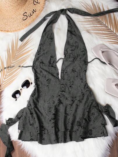 Deep V Neck Backless Distressed Asymmetrical Sexy Mini Dress, Apocalyptic Inspired