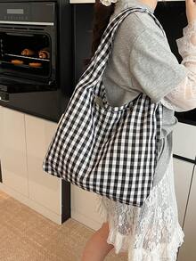 女士大容量托特包，2025新款彩色格纹单肩包，休闲百搭轻便通勤手提包，女士购物托特包，沙滩旅行包 - 黑色 - 查看 3