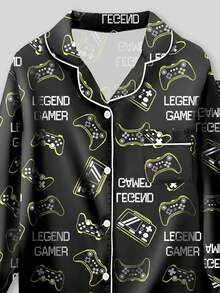 2 件套青少年男孩家居服套装：黑色游戏机印花翻领长袖衬衫和长裤 - 彩色 - 查看 5