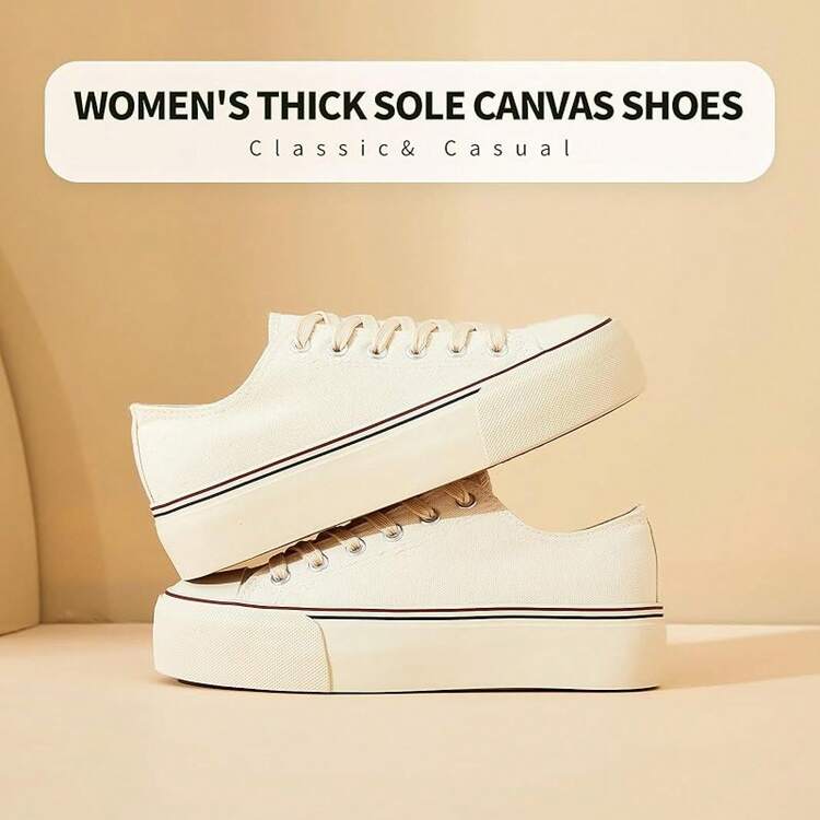 White Platform Sneakers For Women, Low Top Canvas Shoes - Beige - View 9