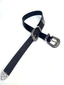 1pc Western Style Silver Double Buckle Belt Fall, Autumn, Halloween - Black - View 4