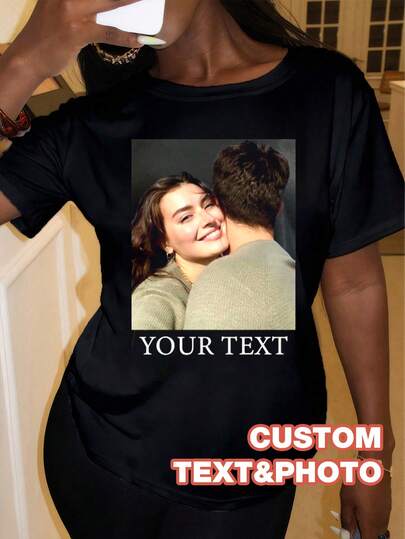 Custom Women's T Shirt - Add Your Photos (Landscape Photo / Badge Pattern / Couple Photo / Family Photo / Selfie Photo / Pet Photo) And Design Your Own Personalized Printed T Shirt As A Gift For Girlfriend, Couple Dating On Anniversar,For Birthdays,For Vacation/Holiday,For School/Competition,For Sports/Climbing