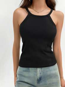 1 Peça Regata Ajustada Feminina de Cor Sólida BASICS, Parte Superior de Malha Canelada Casual - Preto - Visão 5