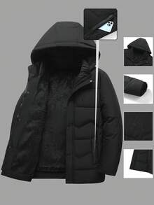 男士户外休闲运动夹克，大口袋和可拆卸兜帽设计，加厚保暖衬里，适合送给男朋友、丈夫、父亲，秋冬季 - 黑色 - 查看 5
