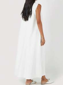 大码连衣裙女式夏季圆领休闲宽松防皱无袖长款度假连衣裙 - 白色 - 查看 2