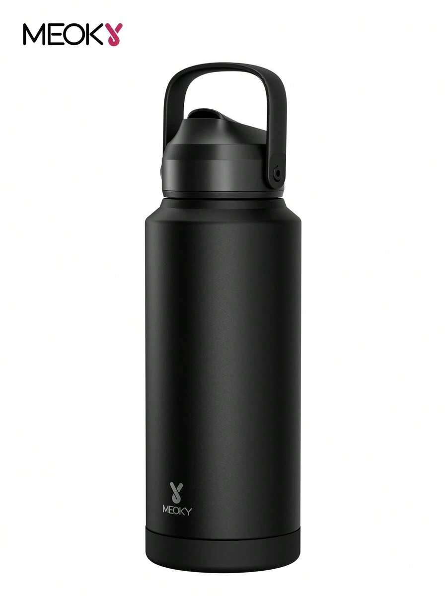 Meoky 32盎司保温水瓶，带吸管和手柄，防尘盖，防漏双层不锈钢 - 保冷24小时 - 适合健身、旅行、学校的运动水壶 - 黑色 - 查看 1