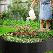 7格圆形布艺高架花园床透气植物种植容器耐用大型无纺布花盆适用于种植蔬菜土豆花卉花园户外庭院 - 黑色 - 查看 1