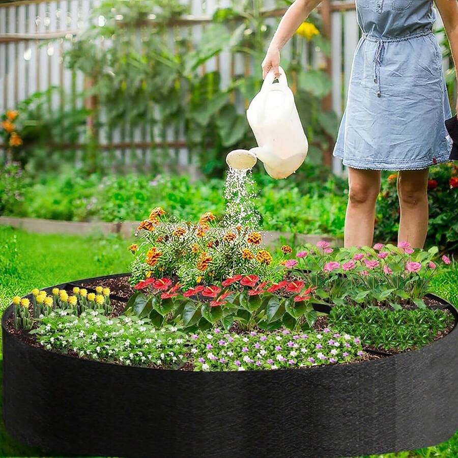 7格圆形布艺高架花园床透气植物种植容器耐用大型无纺布花盆适用于种植蔬菜土豆花卉花园户外庭院 - 黑色 - 查看 1