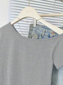 1 件女式休闲不对称领口短袖短款上衣，合身 - 灰色 - 查看 11