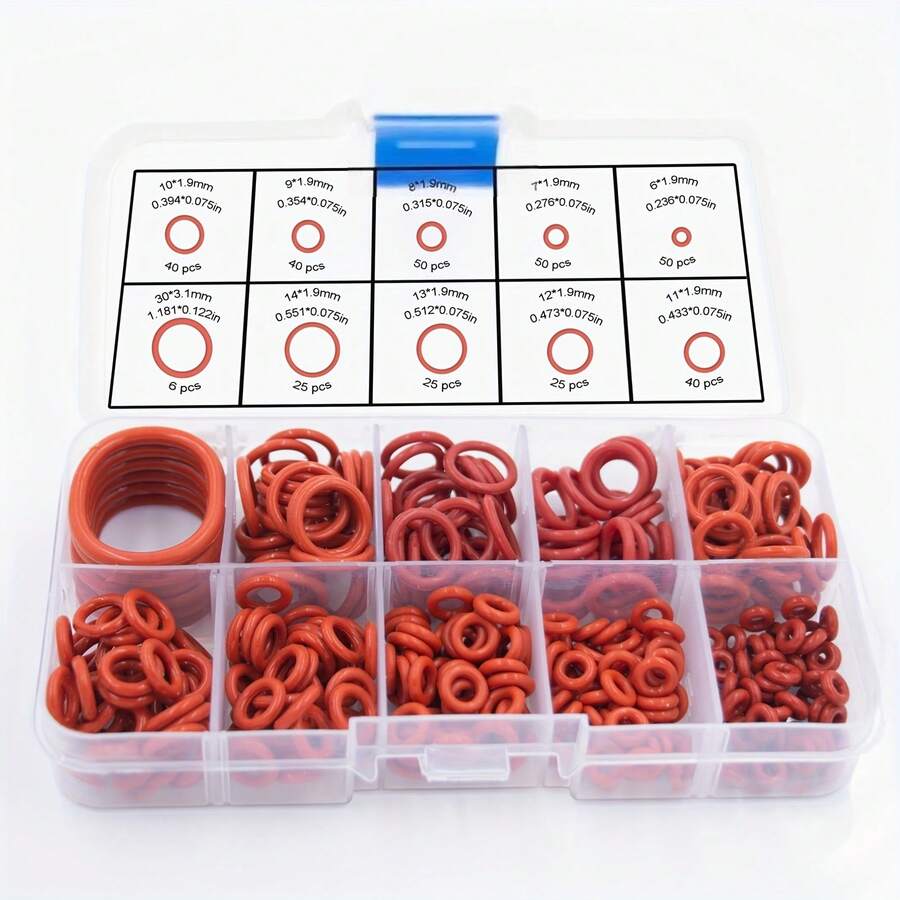 351 件硅胶 O 型圈密封垫圈套装，耐油耐热圆形橡胶组合，适用于汽车、管道和水龙头，10 种尺寸，工业液压、气动和水管密封件，55D 硬度，合成橡胶 - 紅色 - 查看 1