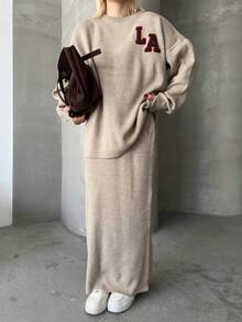 Button Detailed Skirt Set, Solid Color Casual Split Ribbed Button Co-Ord Set For Home Wear - Coffee Brown - View 5