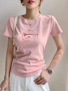 Women's Casual Versatile Graphic Print Crew Neck Short Sleeve T-Shirt, New For Summer - 粉色 - 查看 1