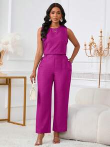 女士时尚休闲优雅无袖背心和长裤套装，斜插口袋和纽扣细节设计，两件套，夏季款 - 紫紅 - 查看 7