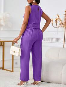 2 Pcs Women Casual Fashion Elegant Sleeveless Tank Top And Long Pants With Slant Pockets And Button Details Set - Purple - View 4