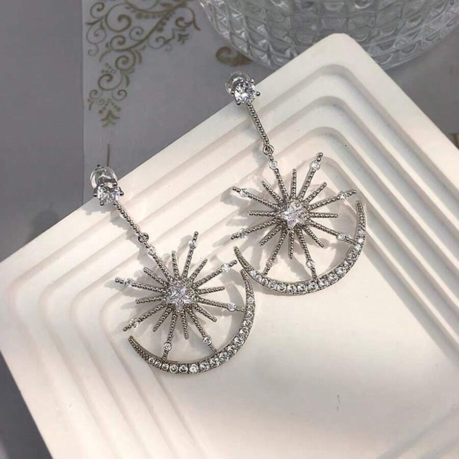 1 Par de Aretes Colgantes Elegantes de Piedras Rhinestone con Estrellas y Lunas, Accesorios de Joyería para Fiesta, Estilo Europeo y Americano