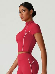 Women's Colorblock Line Slim Fit Zipper Small Stand Collar Short Sleeve Jacket - Red - View 6