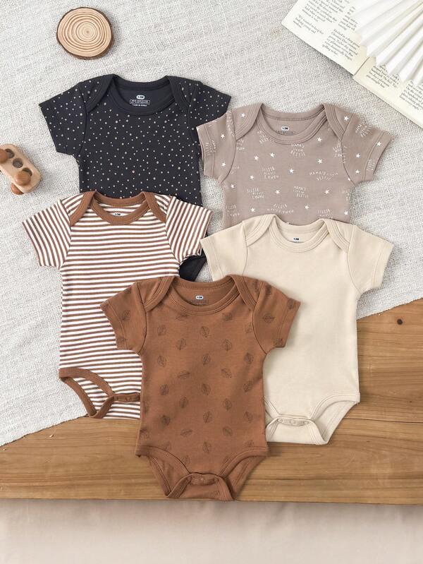 5 Pieces Baby Boys Casual Short Sleeves Cute Cartoon Baby Bodysuits Four Seasons