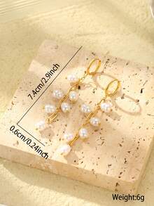 1 对时尚 18K 不锈钢仿珍珠流苏长款耳环，适合女性日常佩戴 - 彩色 - 查看 3