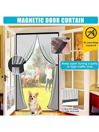 1pc Black Magnetic Door Curtain, Thickened Tear-Resistant, No Drilling Self-Adhesive Installation, For Home Living Room Bedroom Kitchen Partition, Pet Friendly, Breathable