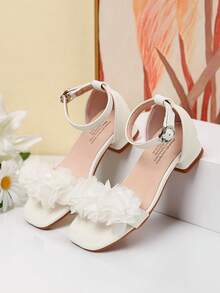 Summer Square Toe Square Heel Floral Decor Sandals, Girls High Heel Dance Shoes, Student Performance & Daily Activity Sandals - White - View 7