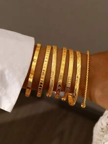 3 件/5 件/7 件复古优雅夸张宽金属素手镯套装，个性化简约高端多层珠宝适合女性、节日、派对、约会、礼物、日常搭配 - 金黃色 - 查看 6